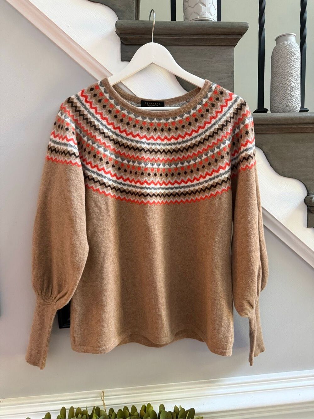 Charter Club Tan 100% Luxury Cashmere Faire Isle Bishop Sleeve Sweater sz L NWT